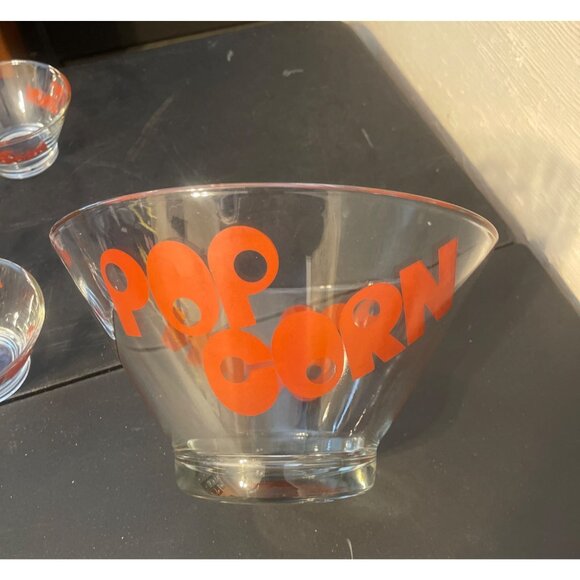 Vintage 70s Wheaton Glass Popcorn Bowl Set Of 5 Red Lettering MCM Estate Retro - Picture 2 of 3